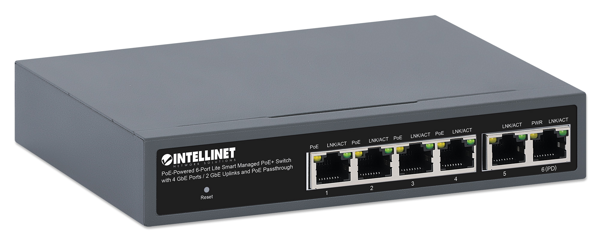 Intellinet PoE-Powered 6-Port Lite Smart Managed PoE+ Switch with 4 GbE Ports / 2 GbE Uplinks and PoE Passthrough (with UK power cord) - Image 2