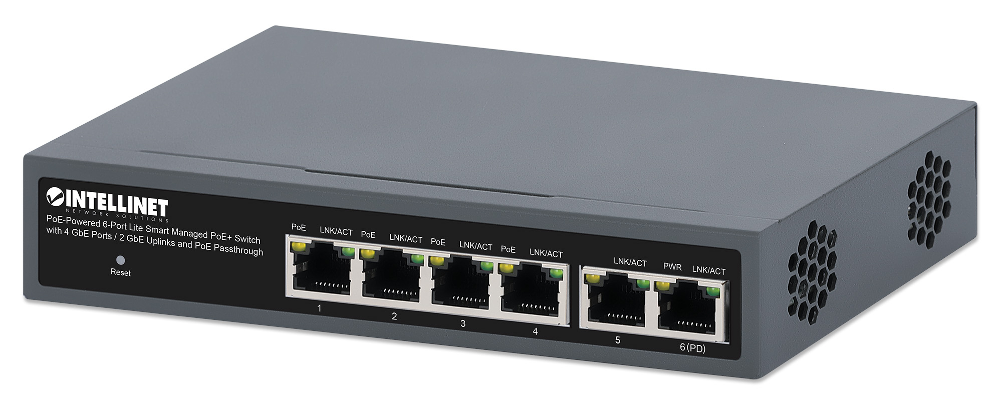 Intellinet PoE-Powered 6-Port Lite Smart Managed PoE+ Switch with 4 GbE Ports / 2 GbE Uplinks and PoE Passthrough (with UK power cord)